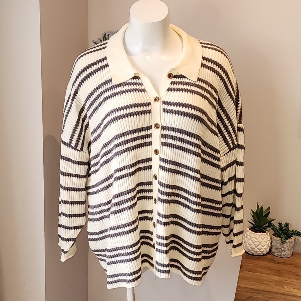 Torrid - Pullover Collared Button Front Sweater in Grey Stripe​​​​​​​​ - Picture 2 of 13